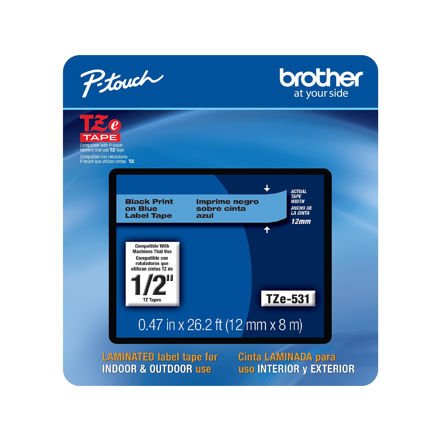 Brother P-touch TZe-531CS Laminated Label Maker Tape, 1/2 x 26-2/10, Black on Blue (TZe-531CS)