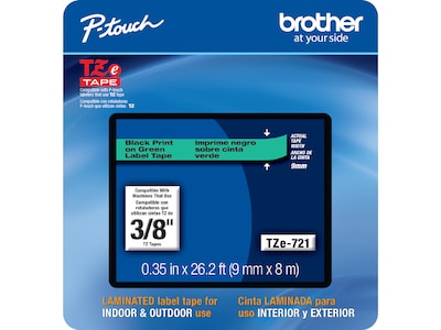 Brother P-touch TZe-721CS Laminated Label Maker Tape, 3/8 x 26-2/10, Black on Green (TZe-721CS)