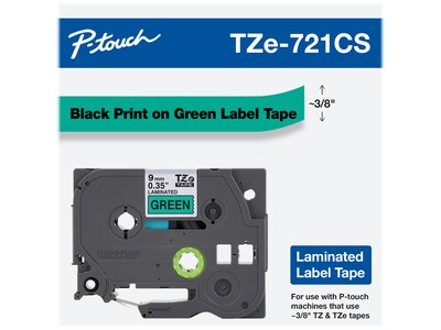 Brother P-touch TZe-721CS Laminated Label Maker Tape, 3/8" x 26-2/10', Black on Green (TZe-721CS)