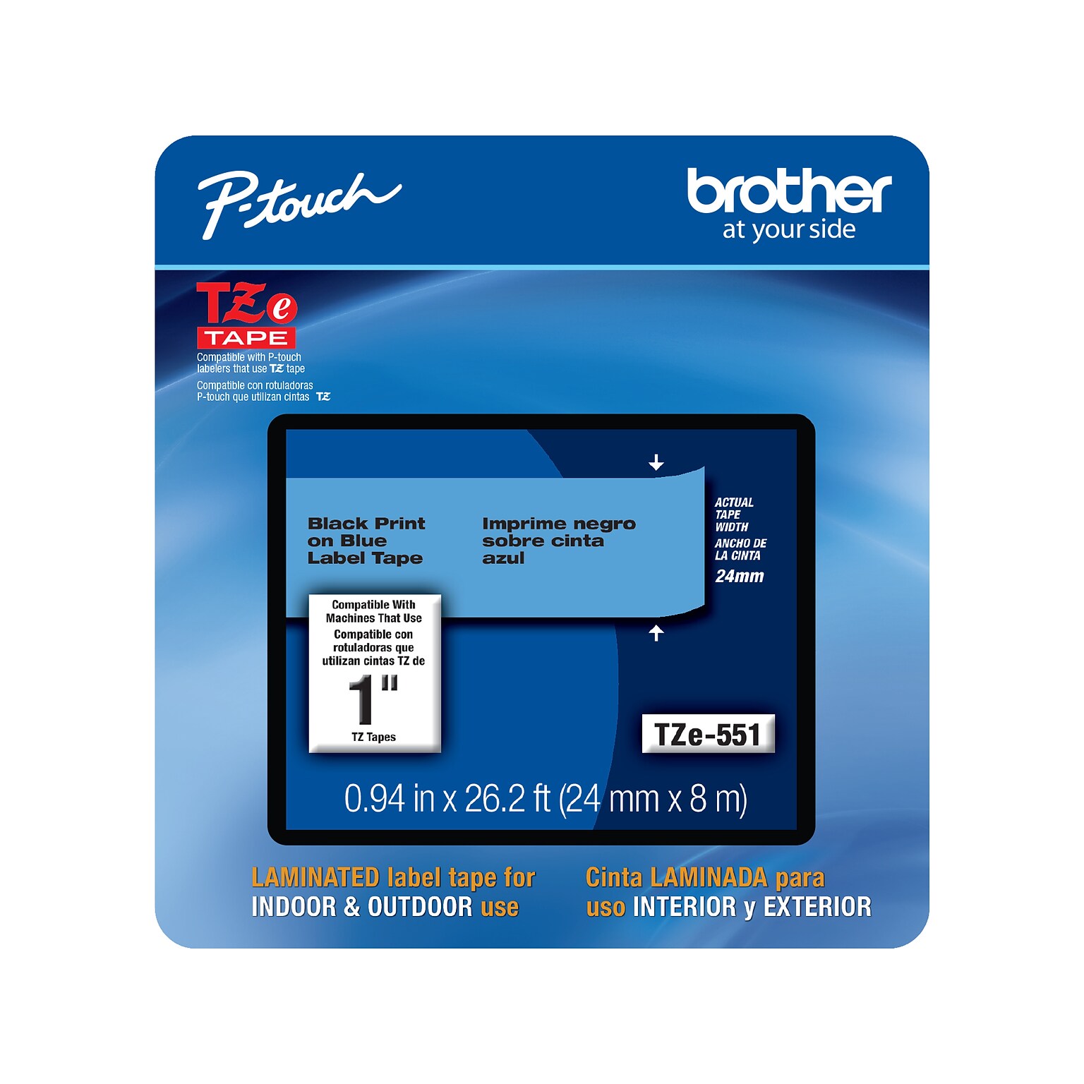 Brother P-touch TZe-551CS Laminated Label Maker Tape, 1 x 26-2/10, Black on Blue (TZe-551CS)