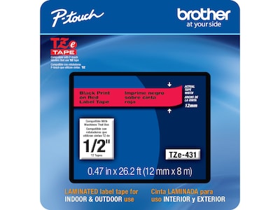 Brother P-touch TZe-431CS Laminated Label Maker Tape, 1/2 x 26-2/10, Black on Red (TZe-431CS)