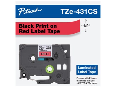 Brother P-touch TZe-431CS Laminated Label Maker Tape, 1/2 x 26-2/10, Black on Red (TZe-431CS)