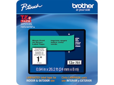 Brother P-touch TZe-751CS Laminated Label Maker Tape, 1 x 26-2/10, Black on Green (TZe-751CS)