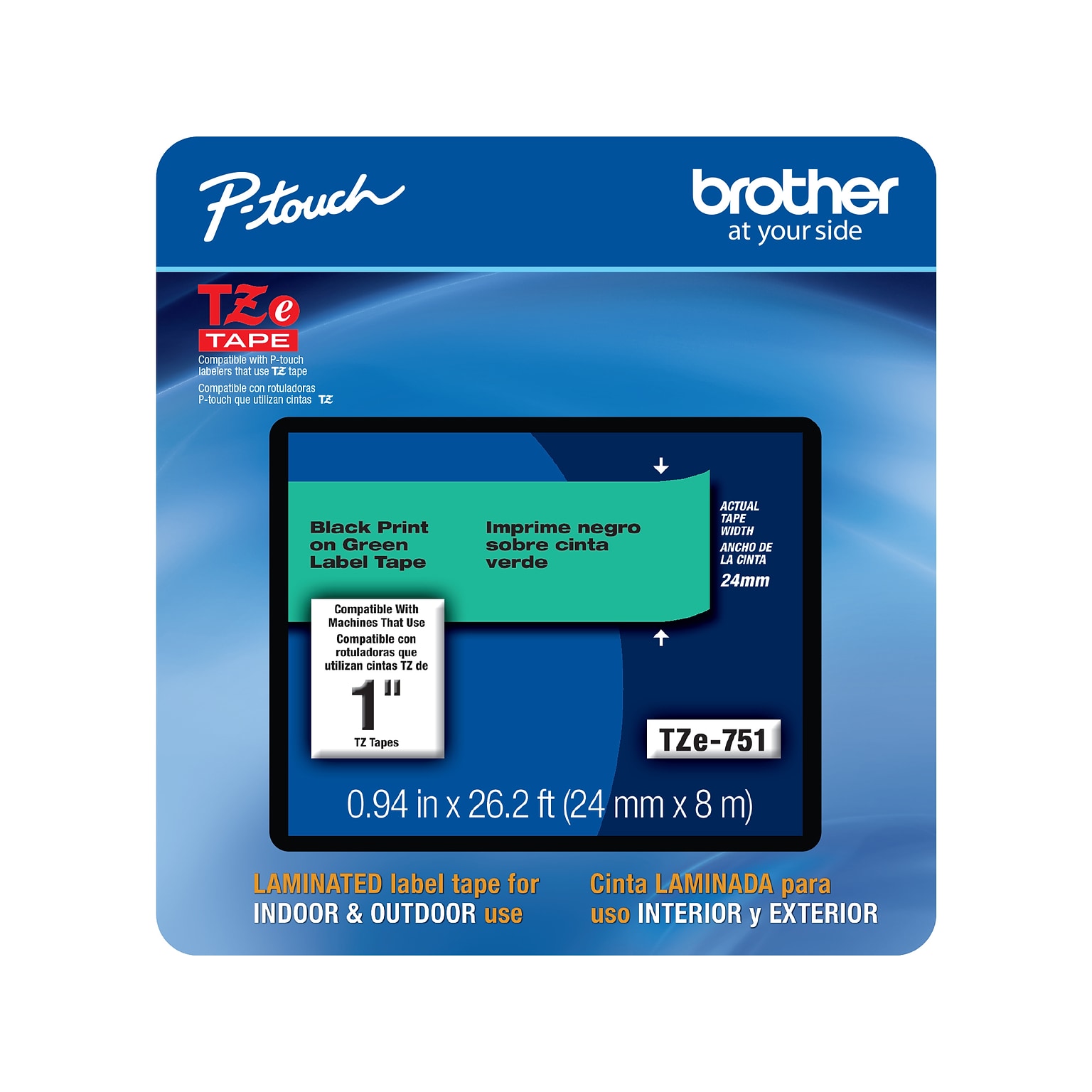 Brother P-touch TZe-751CS Laminated Label Maker Tape, 1 x 26-2/10, Black on Green (TZe-751CS)