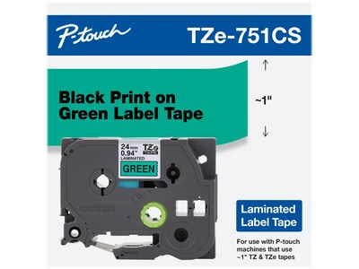 Brother P-touch TZe-751CS Laminated Label Maker Tape, 1 x 26-2/10, Black on Green (TZe-751CS)