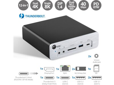 SIIG Thunderbolt 3 DP Docking Station with Dual M.2 NVMe SSD and Power Delivery (JU-DK0K11-S1)