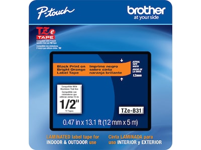 Brother P-touch TZe-B31CS Laminated Label Maker Tape, 1/2 x 13-1/10, Black on Fluorescent Orange (