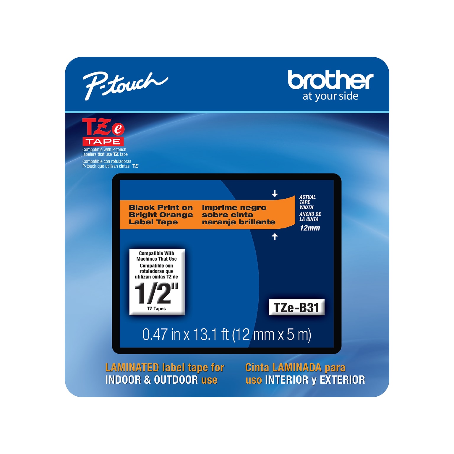 Brother P-touch TZe-B31CS Laminated Label Maker Tape, 1/2 x 13-1/10, Black on Fluorescent Orange (TZe-B31CS)