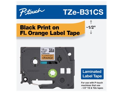 Brother P-touch TZe-B31CS Laminated Label Maker Tape, 1/2" x 13-1/10', Black on Fluorescent Orange (TZe-B31CS)