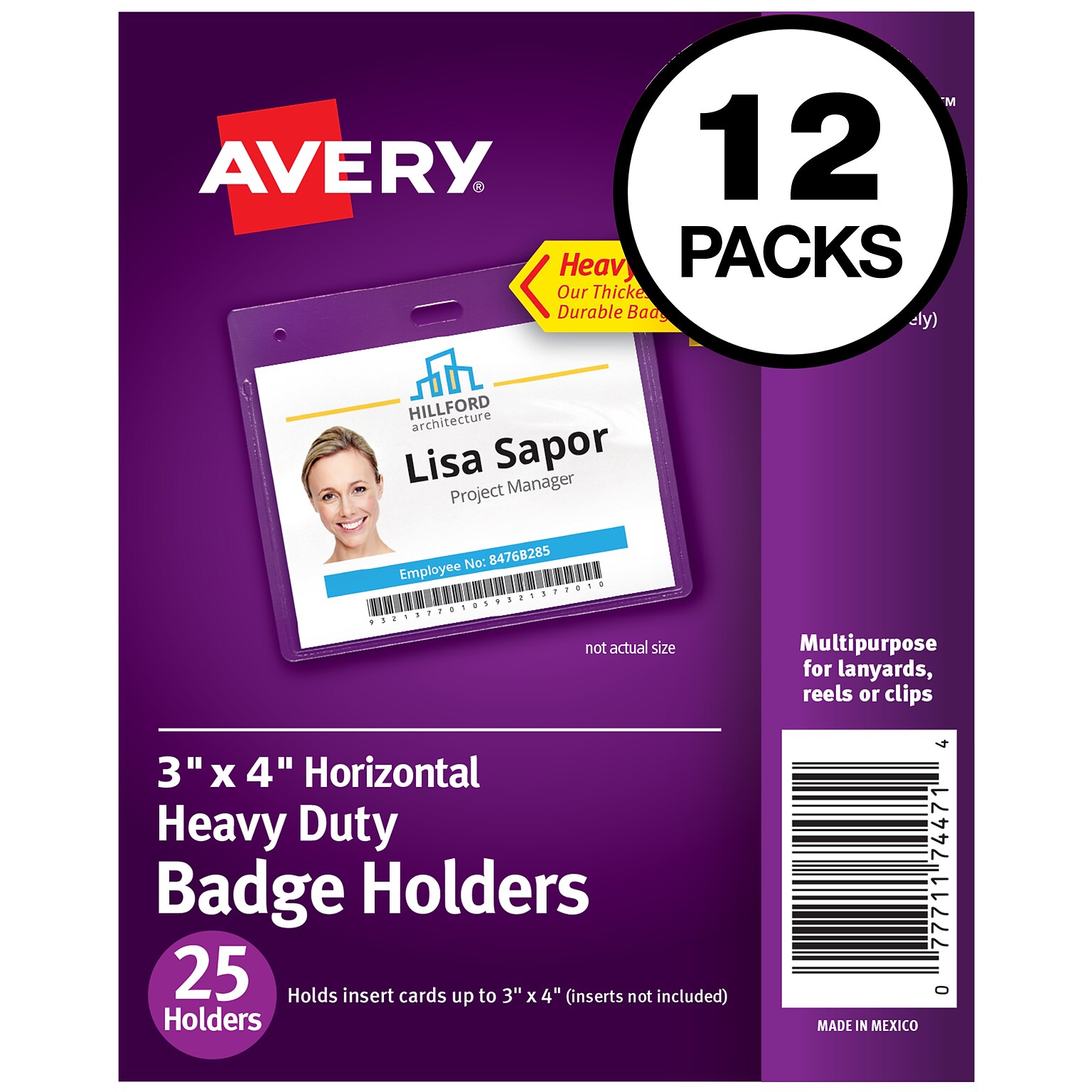 Avery Heavy-Duty Secure Top Badge Holders, 3 x 4, Landscape, Clear, 300/Carton (74471)
