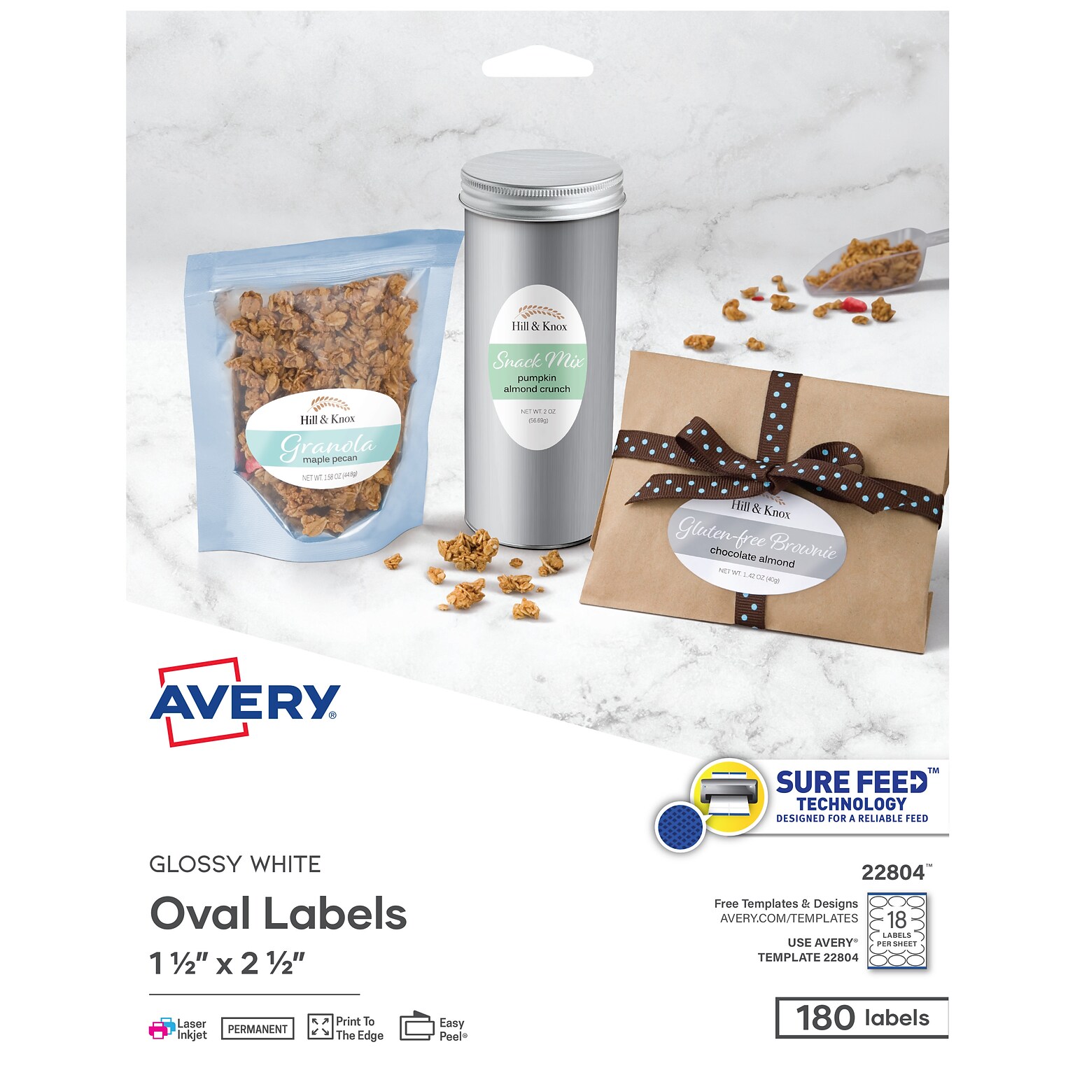 Avery Easy Peel Laser/Inkjet Labels, 1 1/2 x 2 1/2, Glossy White, 18 Labels/Sheet, 10 Sheets/Pack, 180 Labels/Pack (22804)