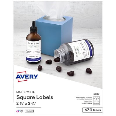 Avery Laser/Inkjet Media Labels, 2 3/4 x 2 3/4, White, 9 Labels/Sheet, 70 Sheets/Box (5196)