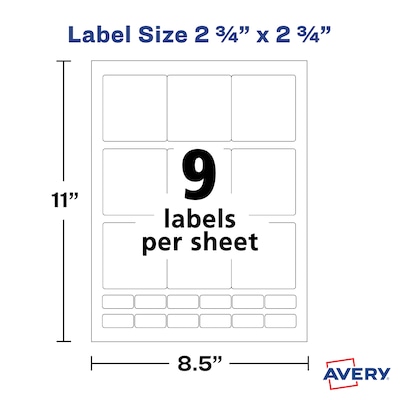 Avery Laser/Inkjet Media Labels, 2-3/4" x 2-3/4", White, 9 Labels/Sheet, 70 Sheets/Box (5196)
