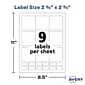 Avery Laser/Inkjet Media Labels, 2 3/4" x 2 3/4", White, 9 Labels/Sheet, 70 Sheets/Box (5196)