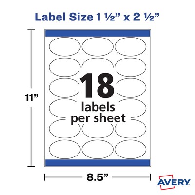 Avery Easy Peel Laser/Inkjet Labels, 1 1/2" x 2 1/2", Glossy White, 18 Labels/Sheet, 10 Sheets/Pack, 180 Labels/Pack (22804)