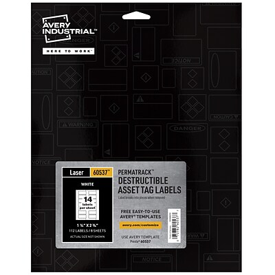 Avery PermaTrack Destructible Laser Asset Tags, 1-1/4 x 2-3/4, White, 14 Labels/Sheet, 8 Sheets/Pack (60537)