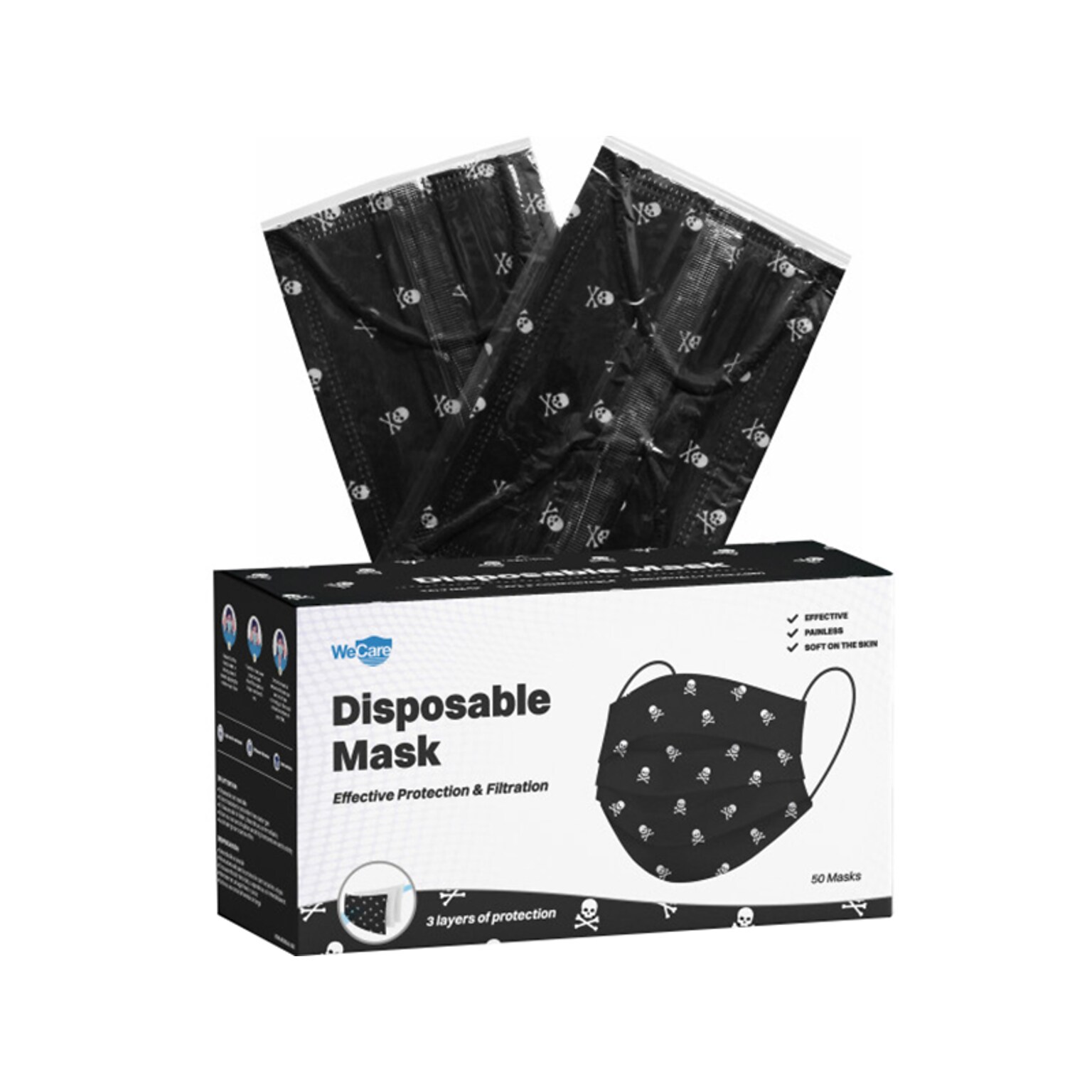 WeCare 3-ply Disposable Face Mask, Individually Wrapped, Adult, Black Skull Bones, 50/Box (WMN100096)