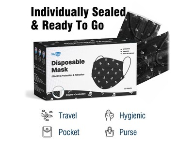 WeCare 3-ply Disposable Face Mask, Individually Wrapped, Adult, Black Skull Bones, 50/Box (WMN100096)