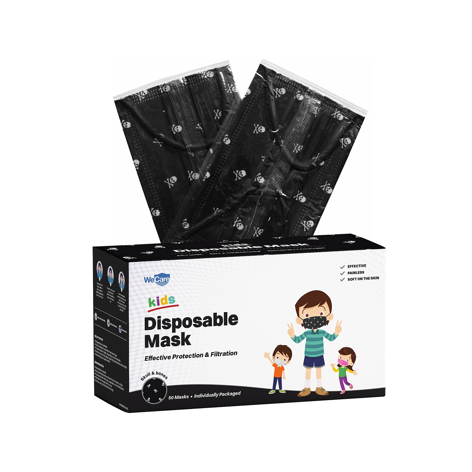 WeCare 3-ply Disposable Face Mask, Individually Wrapped, Kids, Black Skull Bones, 50/Box (WMN100097)
