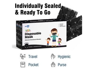 WeCare 3-ply Disposable Face Mask, Individually Wrapped, Kids, Black Skull Bones, 50/Box (WMN100097)