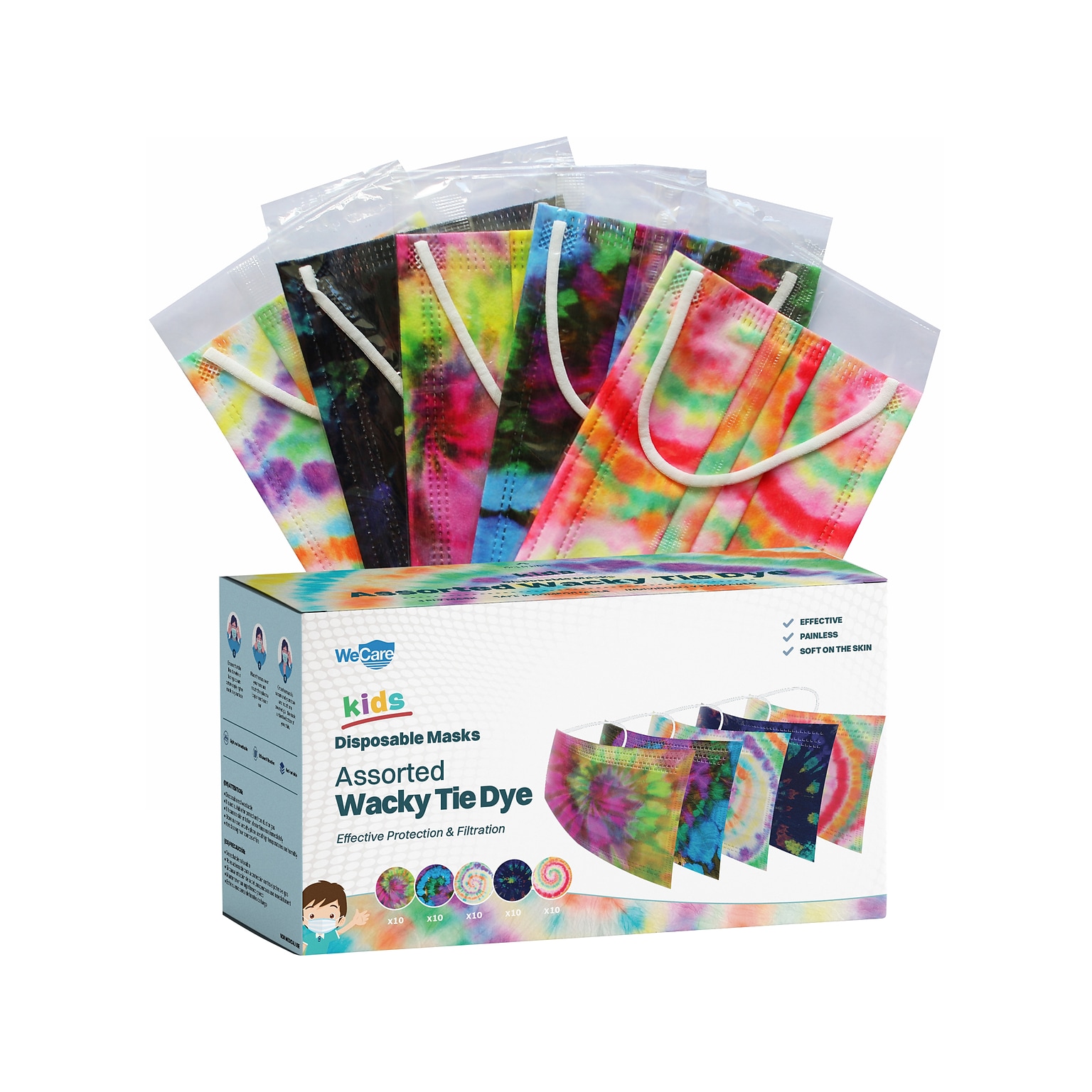 WeCare 3-ply Disposable Face Masks, Kids, Assorted Wacky Tie-Dye Designs, 50/Box (WMN100093)