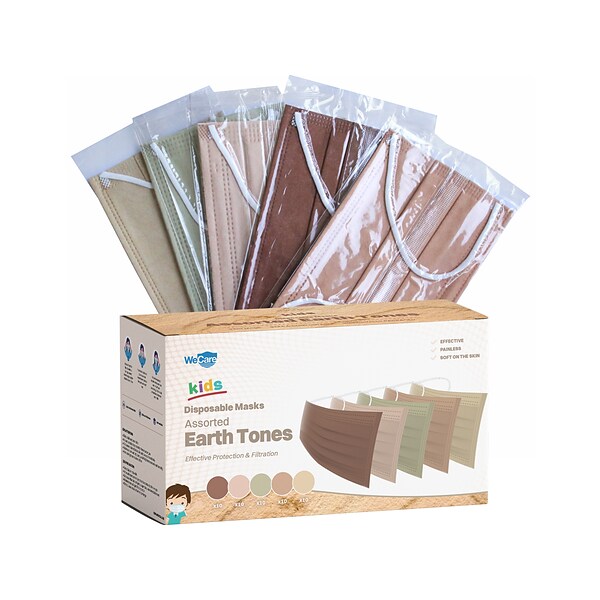 WeCare 3-ply Disposable Face Masks, Kids, Assorted Earth Tones, 50/Box (WMN100094)