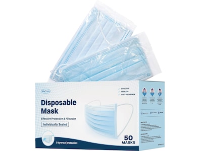 WeCare Disposable Face Mask, 3-Ply, Adult, Blue, 50/Box (WMN100003)