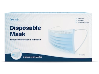 WeCare Disposable Face Mask, 3-Ply, Adult, Blue, 50/Box (WMN100003)