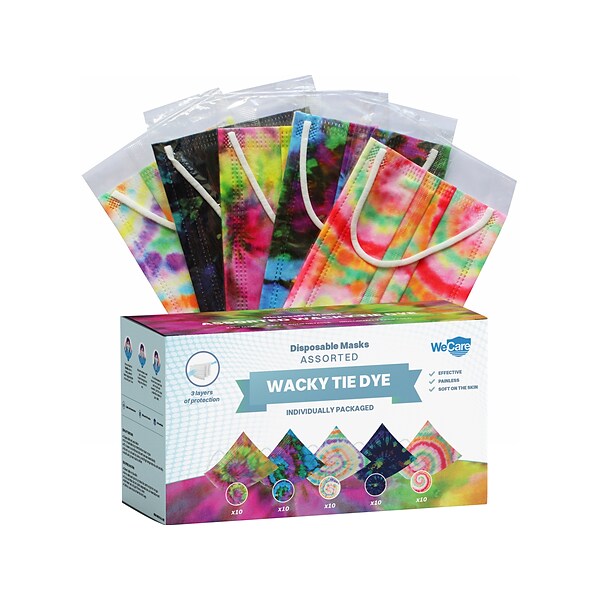 WeCare 3-ply Disposable Face Mask, Adult, Assorted Wacky Tie-Die Designs, 50/Box (WMN100092)