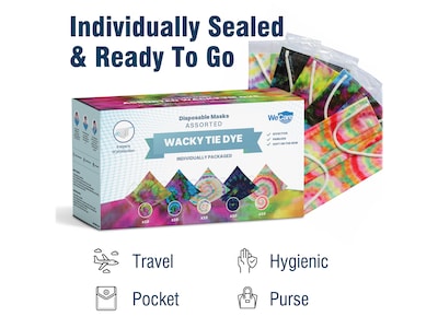 WeCare 3-ply Disposable Face Mask, Adult, Assorted Wacky Tie-Die Designs, 50/Box (WMN100092)