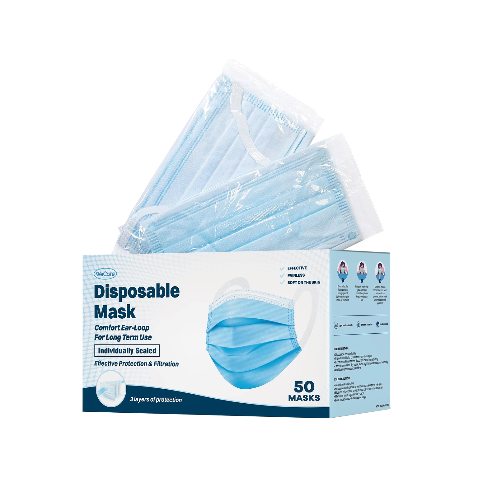 WeCare Disposable Face Mask, Adult, Blue, 50/Box (WMN100040)