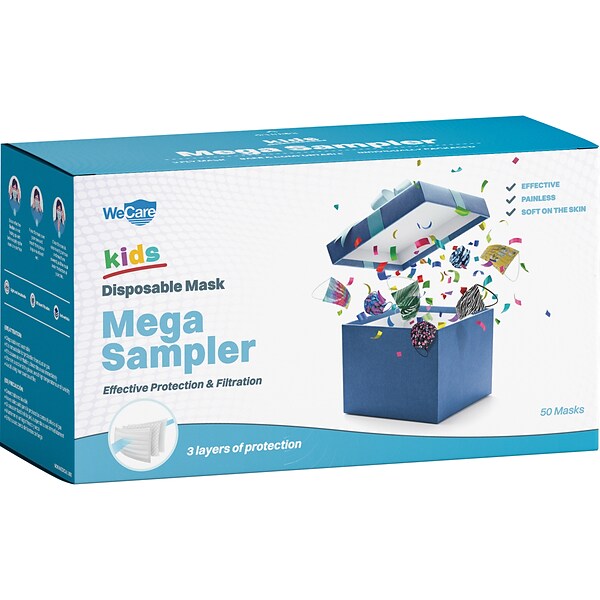 WeCare 3-ply Disposable Face Masks, Mega Sampler, Kids, Assorted Colors, 50/Box (WMN100103)