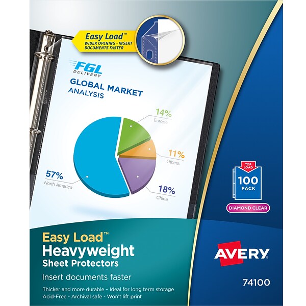 Avery Easy Load Heavyweight Sheet Protectors, 8.5 x 11, Diamond Clear, Acid-Free, 100/Box (74100)