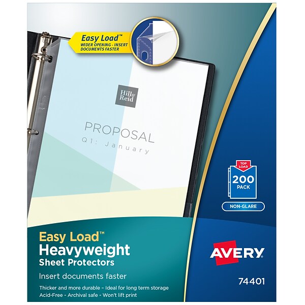 Avery Easy Load Heavyweight Non-Glare Sheet Protectors, 8-1/2 x 11, Clear, 200/Box (74401)