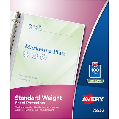 Avery Standard Weight Sheet Protectors, 8-1/2 x 11, Semi-Clear, 100/Box (75536)