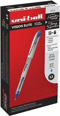 uni-ball Vision Elite Rollerball Pen, Bold Point, Blue Ink, Dozen (46834-PK12)