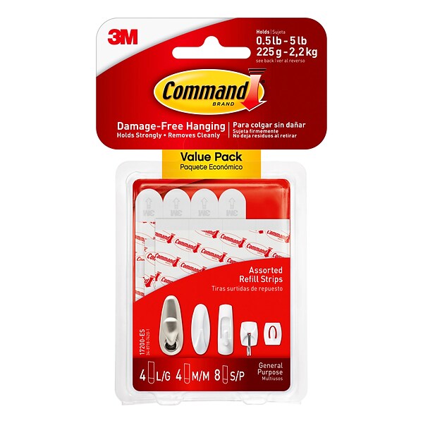 Command™ Refill Strips, White, 8 Small, 4 Medium, 4 Large Sets/Pack (17200-ES)