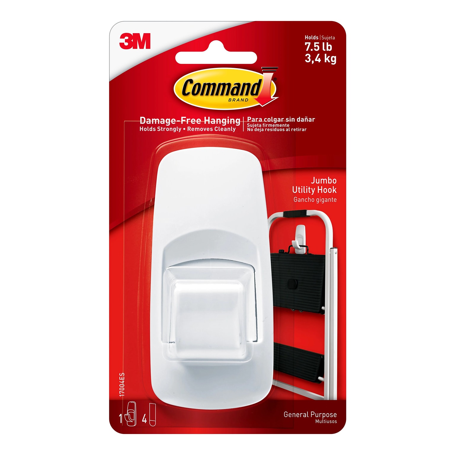 Command Jumbo Hook, 7.5 lb., White, 1 Hook, 2 Strips/Pack (17004-RR)
