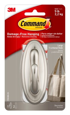 Command™ Large Traditional Hook, Brushed Nickel, 1 Hook, 2 Strips/Pack (17053BN-EF)