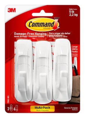 Command Large Utility Hooks, White, Damage Free Hanging of Dorm Room Decorations, 3 Command Hooks, 6