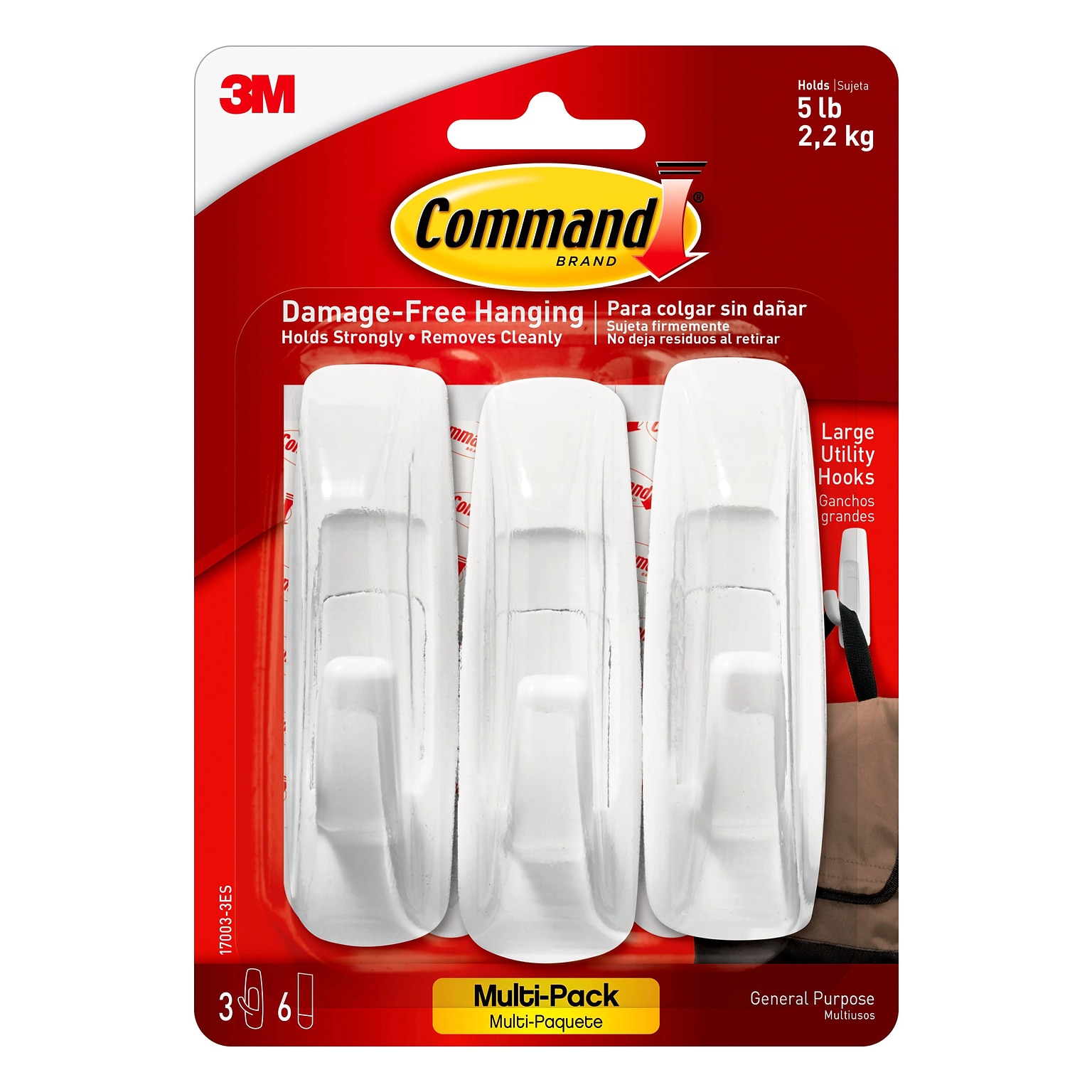 Command Large Utility Hooks, White, Damage Free Hanging of Dorm Room Decorations, 3 Command Hooks, 6 Command Strips (17003-3ES)