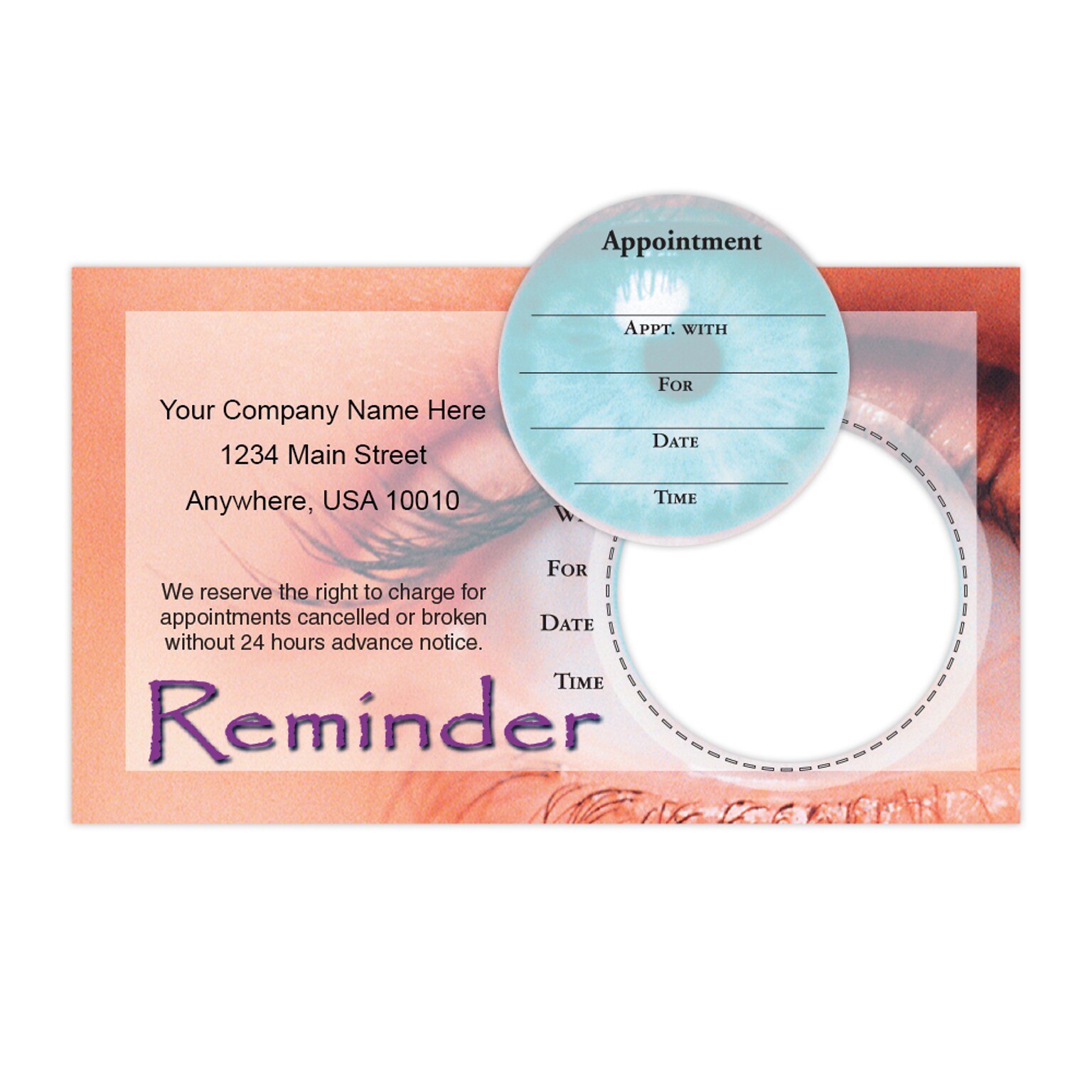 Custom Full Color Sticker Appt. Cards, Lower Circle, Flat Print, Horizontal, 1-Sided