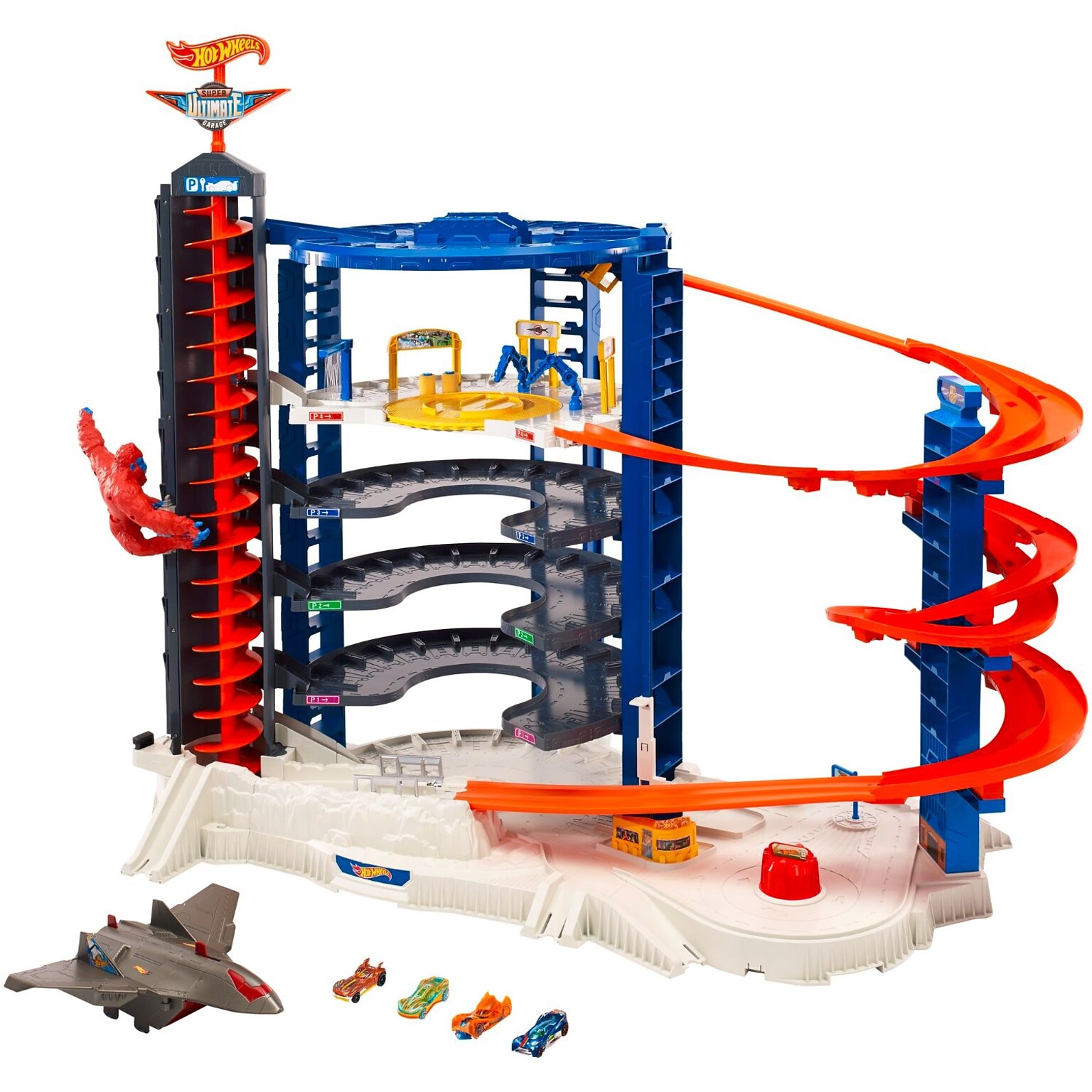 Mattel Hot Wheels Super Ultimate Garage Play Set 4 Cars and 1 Jet Plane, Blue (FML03)