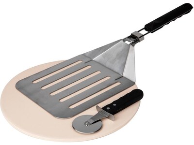 Mind Reader Round Cooking Stone, Complete Kit with Pizza Peel and Wheel (PIZSTONPC-BRN)