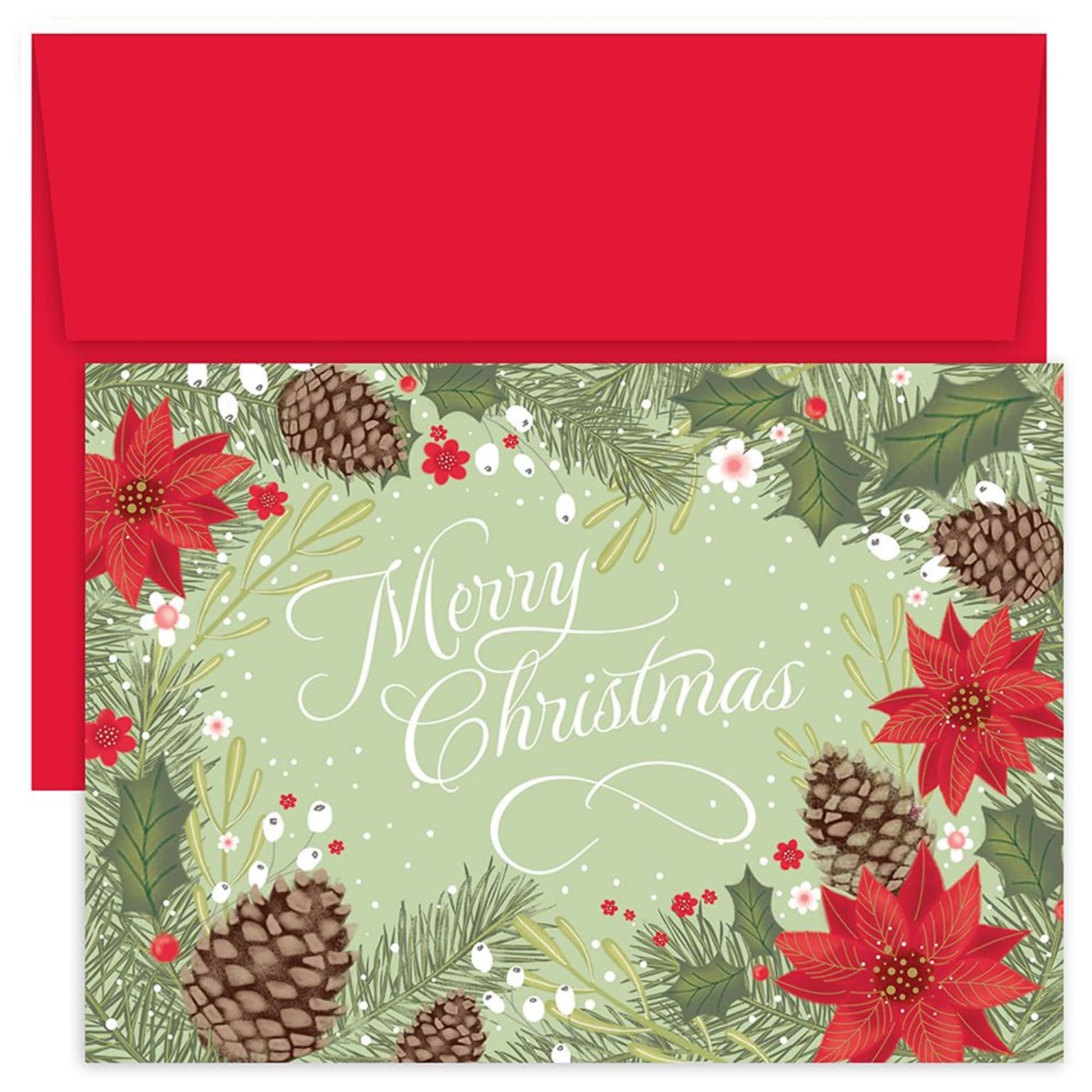 Great Papers!® Holiday Greeting Cards, Poinsettia & Pinecone Border, 7.875 x 5.625, 18 Cards/18 Envelopes (905200)