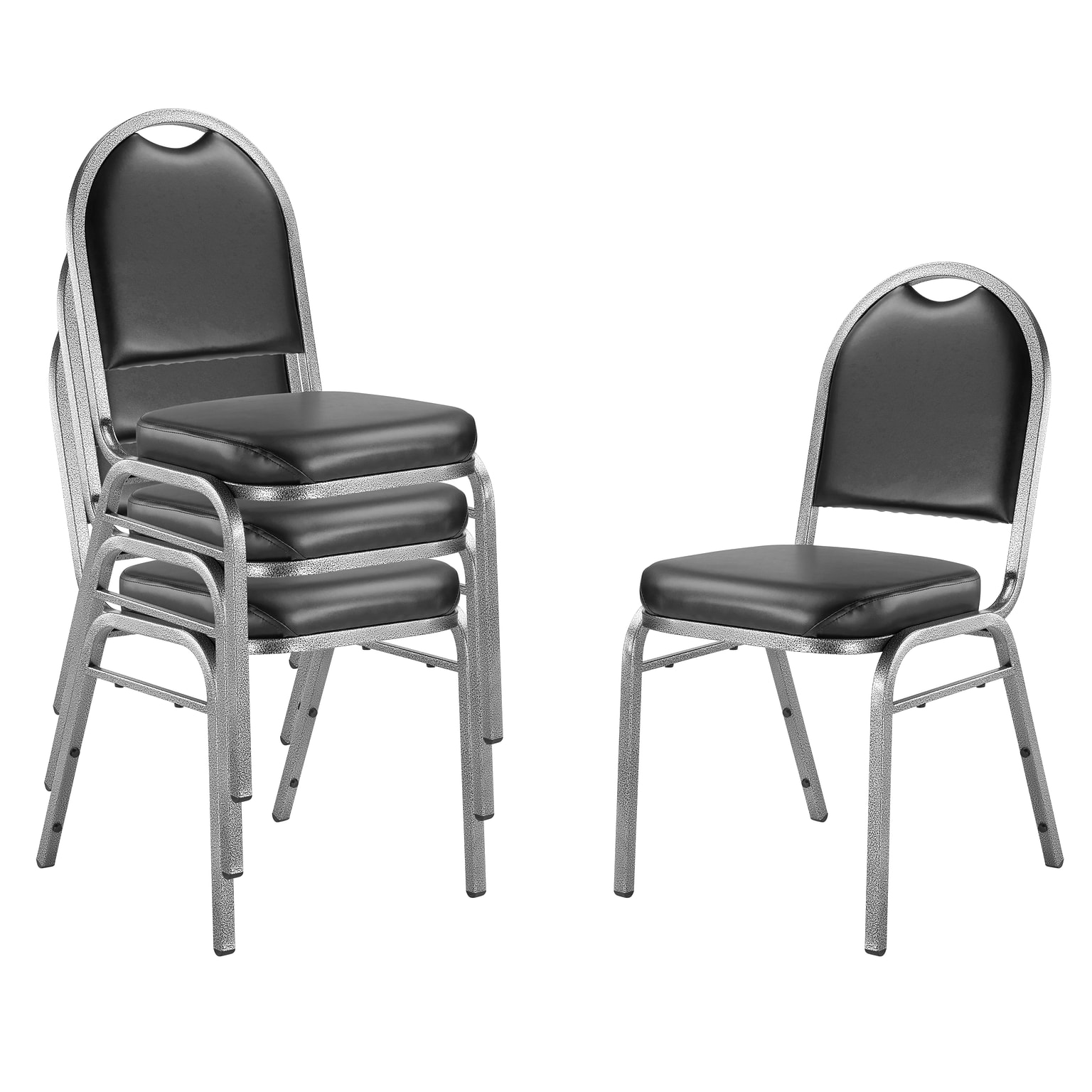 NPS 9200 Series Dome-Back Vinyl Padded Stack Chair, Panther Black/Silvervein, 4 Pack (9210-SV/4)