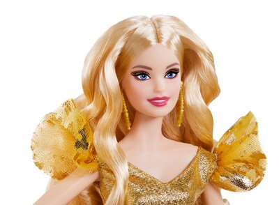 Mattel 2020 Holiday Plastic Barbie Doll Blonde Long Hair, Gold (GNR92)