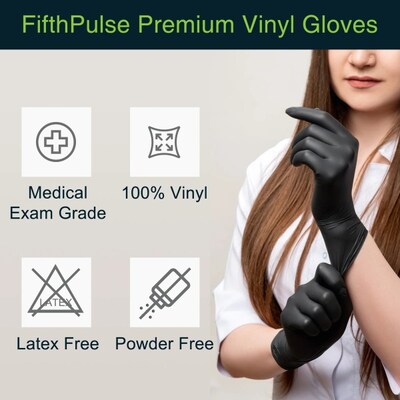 Fifth Pulse Powder Free Vinyl Exam Gloves, Latex Free, Large, Black, 1000/Carton (TBN202938)
