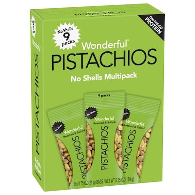 Wonderful Pistachios Roasted & Salted, No Shells, 0.75 oz., 9 Bags/Box, 4 Boxes/Carton (PAR91100)