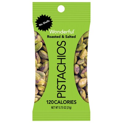 Wonderful Pistachios Roasted & Salted, No Shells, 0.75 oz., 9 Bags/Box, 4 Boxes/Carton (PAR91100)